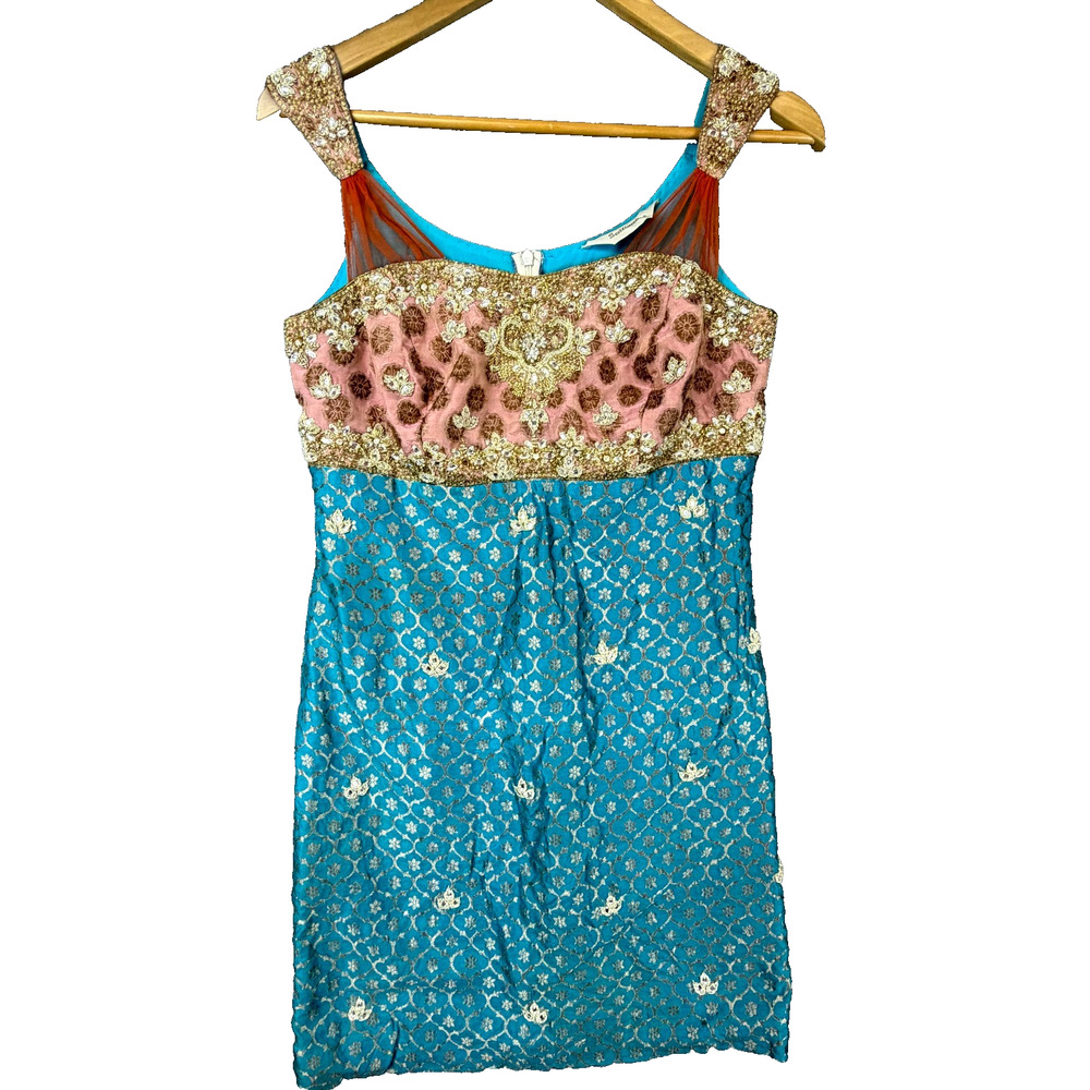 Sentiments‎ Dress Womens Small Blue Gold Embroidered Beaded Dopamine Maximalist